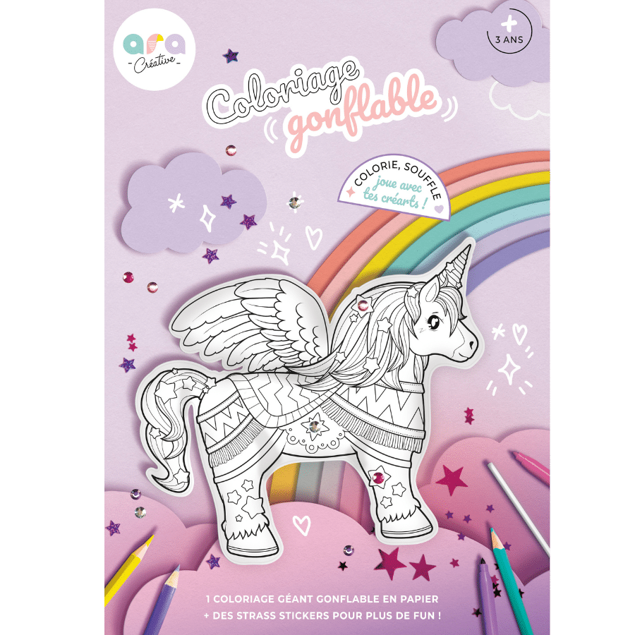 Coloriage gonflable géant - Licorne - Ara Créative, vue de l'emballage sur fond blanc