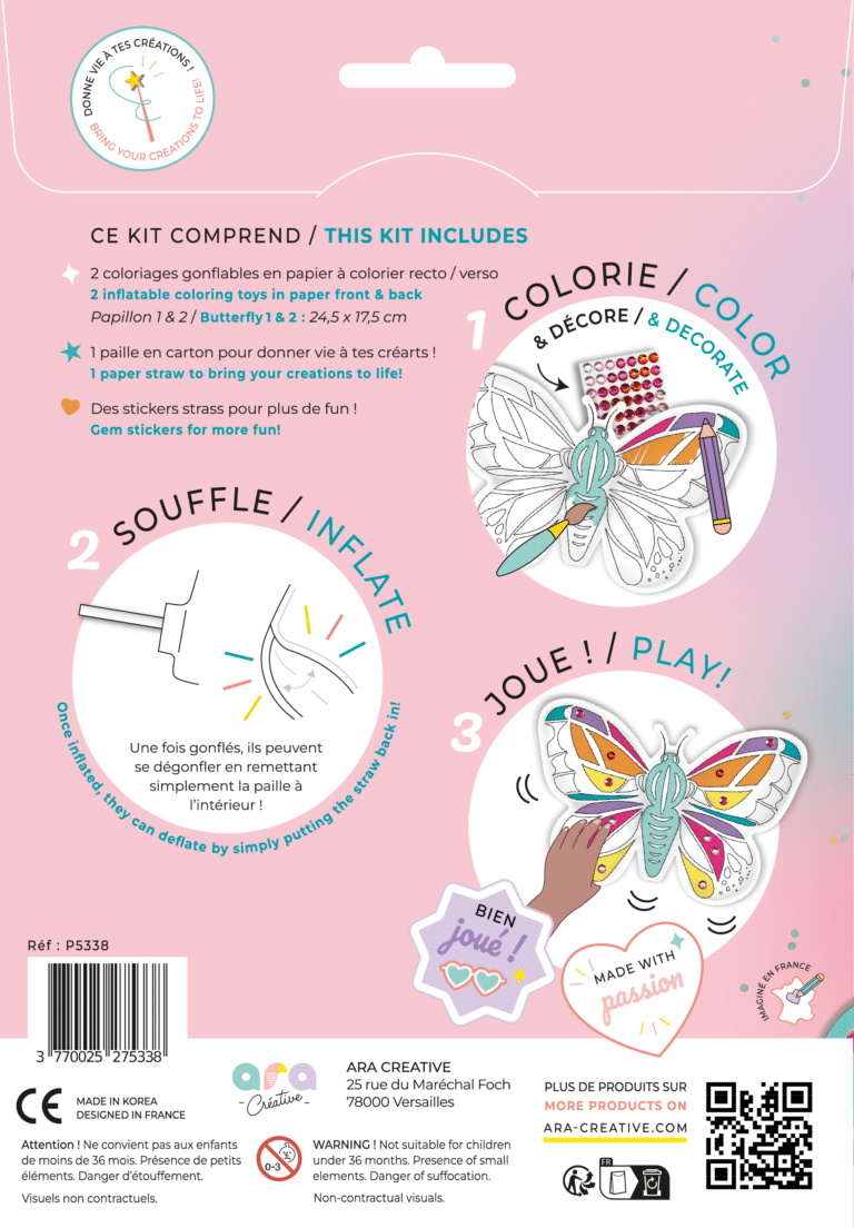 Coloriages gonflables - Papillons - Ara Créative, vue de l'emballage de dos sur fond blanc