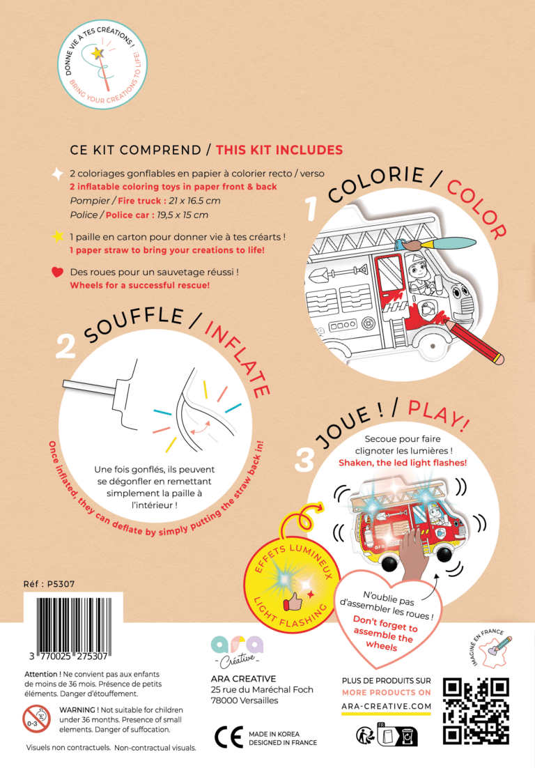Coloriages gonflables - Police et pompier - Ara Créative, vue de l'emballage du produit de dos sur fond blanc