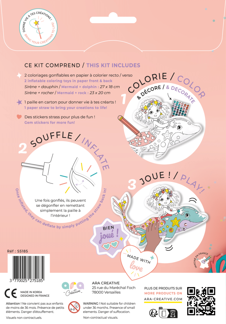 Coloriages gonflables - Sirènes - Ara Créative, vue de l'emballage de dos sur fond blanc