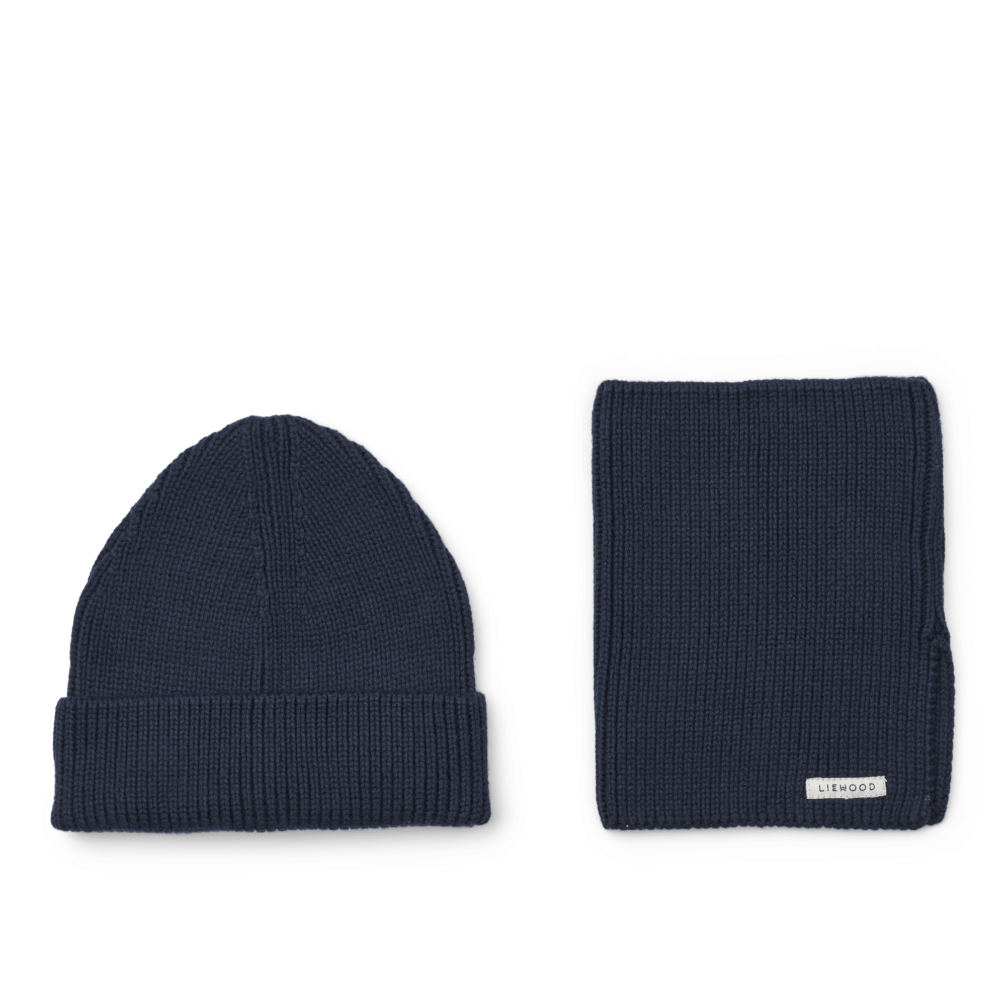 Coffret cadeau Lina – Bonnet & tour de cou – Bleu marine – Liewood - Vu de dos sur fond blanc