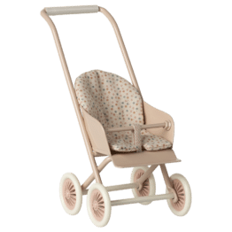 Poussette vintage rose poudrée - Pois multicolores - Maileg, vue de face sur fond blanc - Idées cadeaux Noël 2025, Liste de naissance, Magasin pour bébé à Vannes Lorient