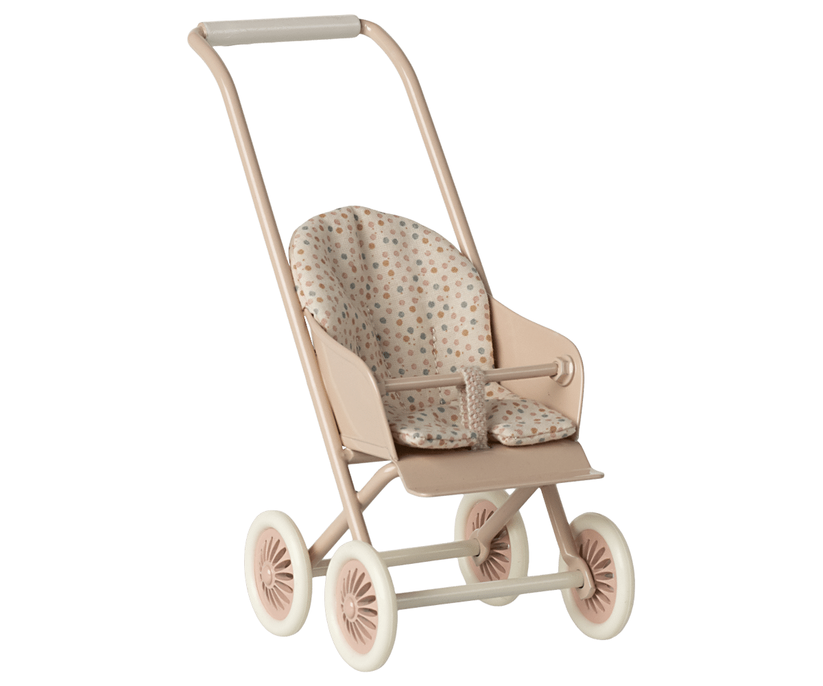 Poussette vintage rose poudrée - Pois multicolores - Maileg, vue de face sur fond blanc - Idées cadeaux Noël 2025, Liste de naissance, Magasin pour bébé à Vannes Lorient