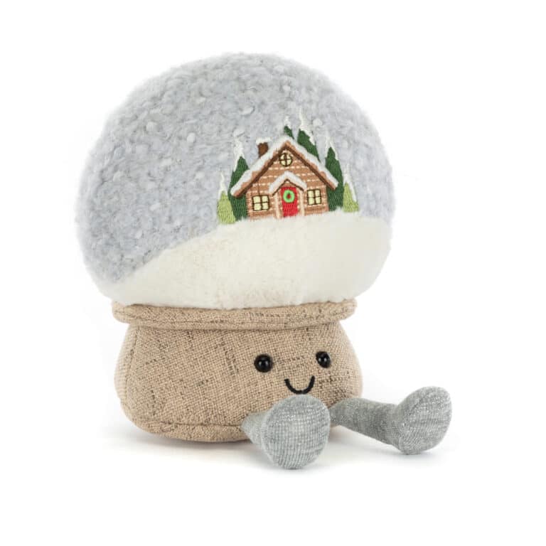 Doudou amuseables boule à neige de Jellycat - Vu de face sur fond blanc Amuseables Snow Globe jellycat pas cher, Jellycat collection hiver 2025, Peluche originale cadeau à offrir
