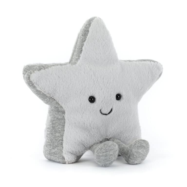 Doudou Amuseables Silver star – Tendresse étoilée argentée par Jellycat - Vu de face sur fond blanc