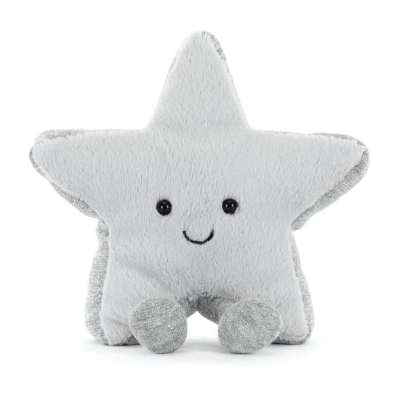 Doudou Amuseables Silver star – Tendresse étoilée argentée par Jellycat - Vu de face sur fond blanc