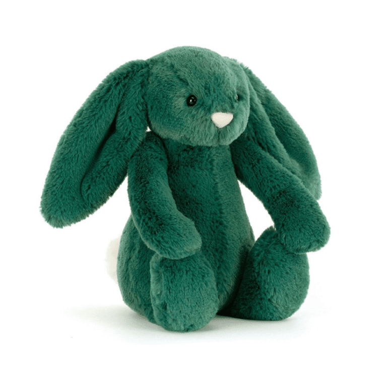 Jellycat Christmas - Bashful Bunny | Teal Little (Small) Doudou Lapin Bashful – Vert Sapin – Jellycat - Vu de face sur fond blanc