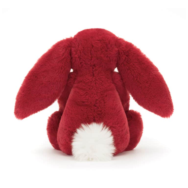 Doudou Lapin de Luxe Scarlett – Élégance rubis et douceur enveloppante de Jellycat - Vu de dos sur fond blanc