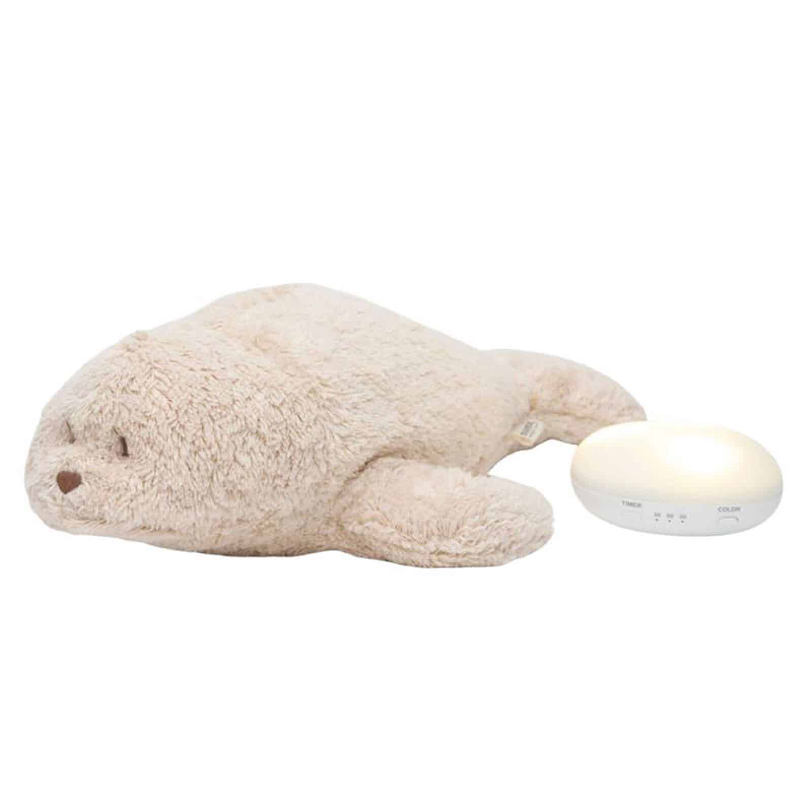 Peluche Veilleuse Musicale Phoque moonie sable, veilleuse bébé douce, doudou phoque avec sons apaisants et lumière tamisée, peluche naissance sécurisée, veilleuse musicale enfant