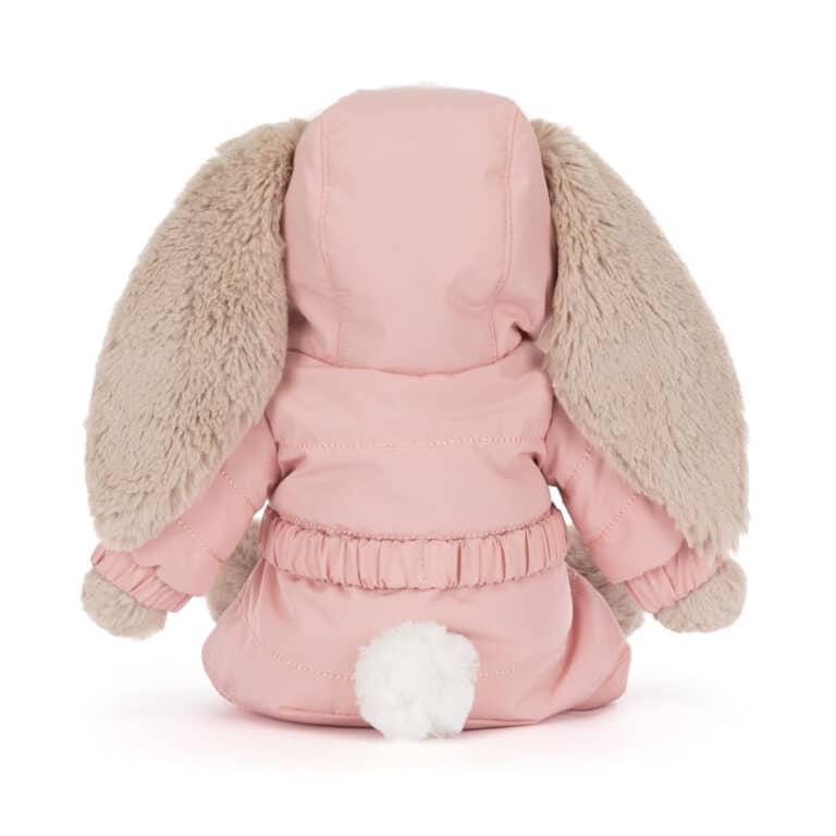 Doudou Bashful lapin combinaison de ski -Jellycat, vue de dos sur fond blanc