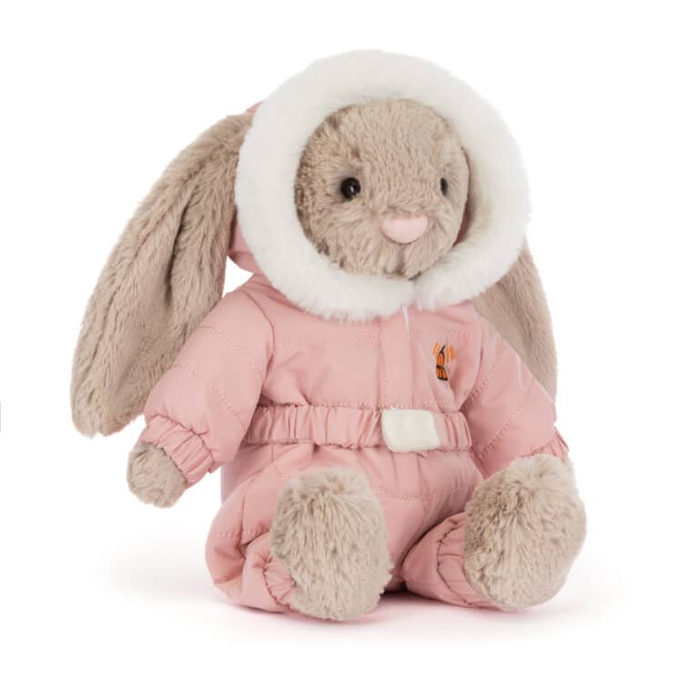 Doudou Bashful lapin combinaison de ski -Jellycat, vue de biais sur fond blanc