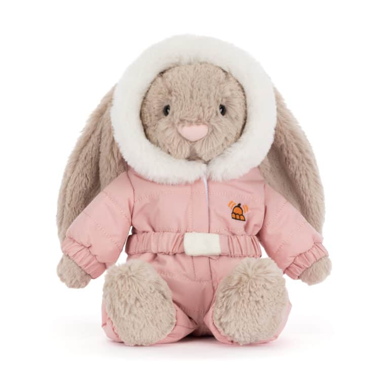 Doudou Bashful lapin combinaison de ski -Jellycat, vue de face sur fond blanc