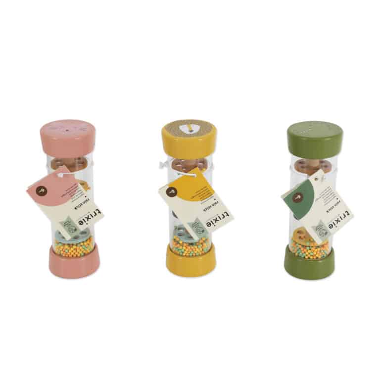 Bâton de pluie-Trixie Baby- de côté des trois bâtons existant de gauche à droite le chat, le lion, le dinosaure avec leur étiquette sur fond blanc