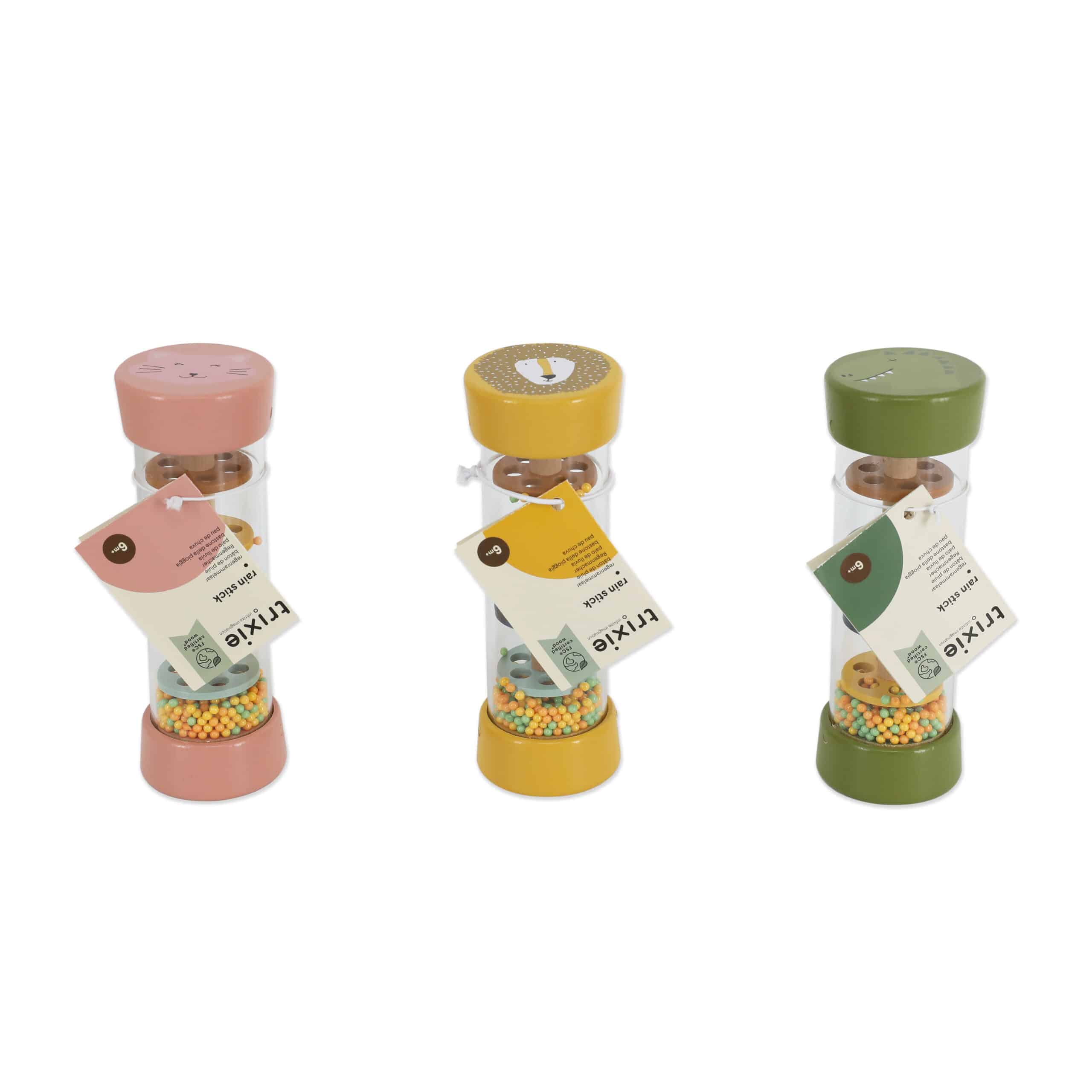 Bâton de pluie-Trixie Baby- de côté des trois bâtons existant de gauche à droite le chat, le lion, le dinosaure avec leur étiquette sur fond blanc