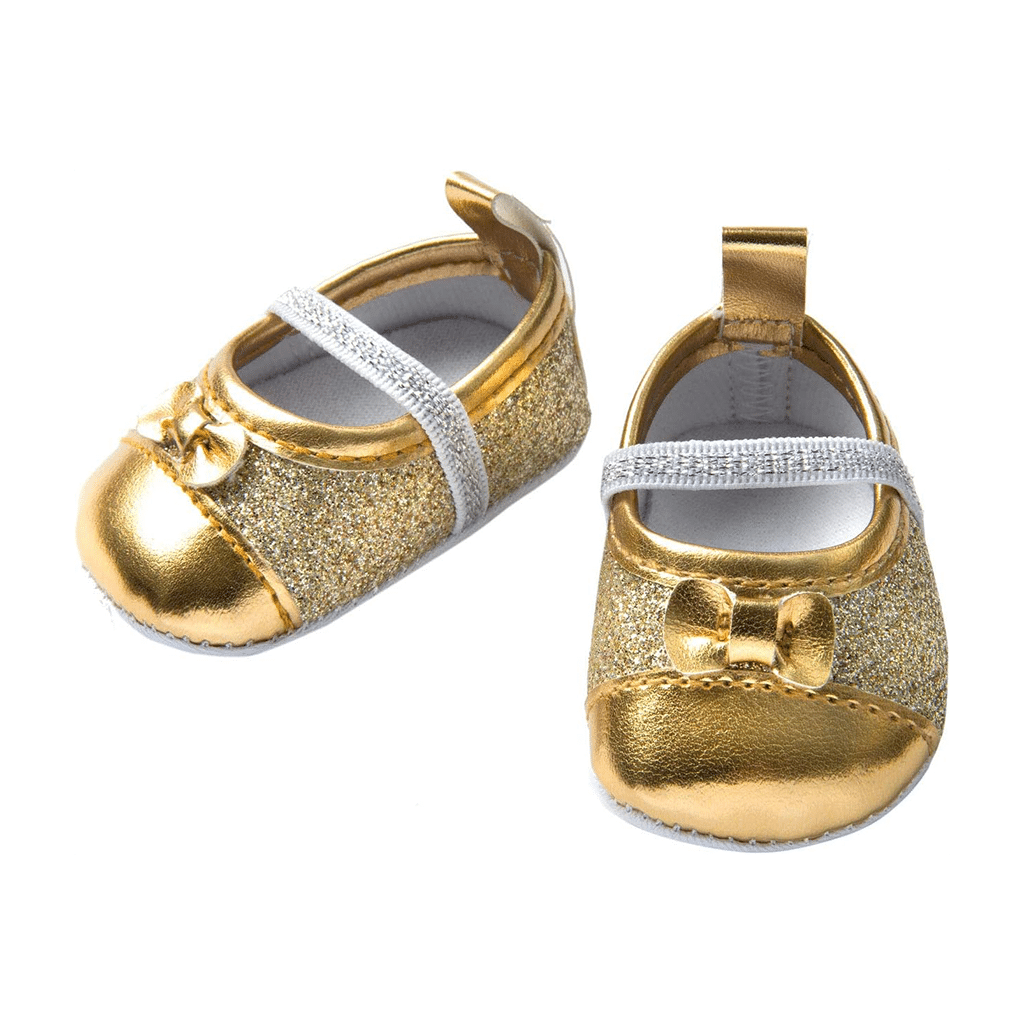 Ballerines dorées à Paillettes pour Poupée 30 à 35 cm - Vues de face sur fond blanc