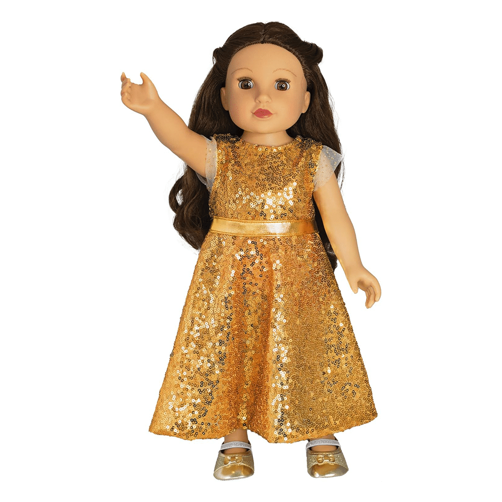 Ballerines dorées à Paillettes pour Poupée 30 à 35 cm - Vues de face sur fond blanc