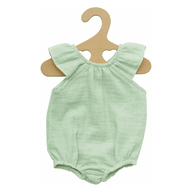 Barboteuse à volants vert clair pour Poupée 28 à 35 cm - Vue de face sur fond blanc