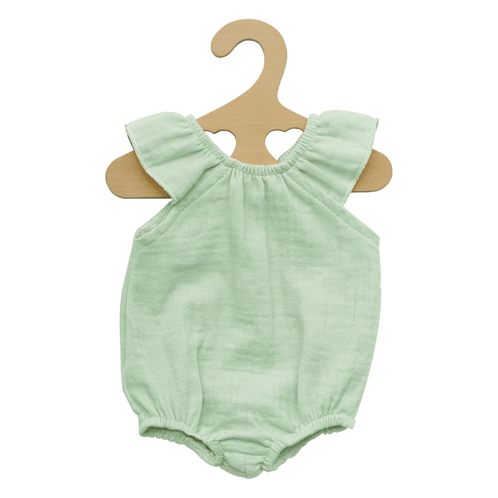 Barboteuse à volants vert clair pour Poupée 28 à 35 cm - Vue de face sur fond blanc