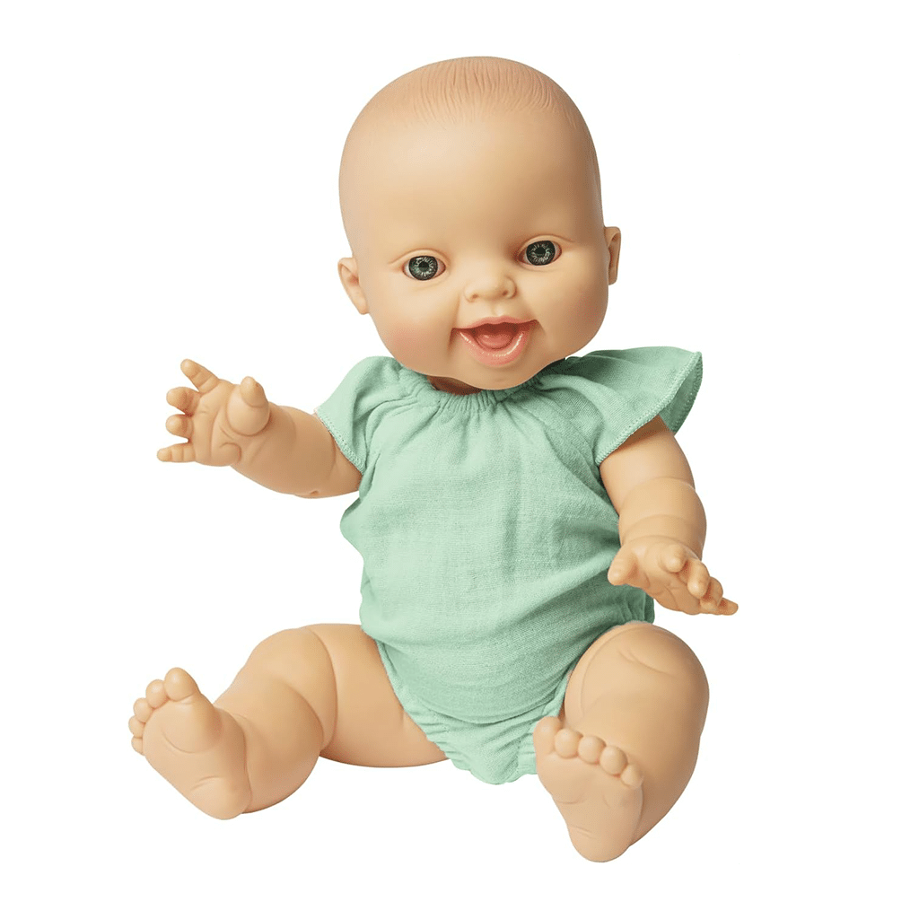 Barboteuse à volants vert clair pour Poupée 28 à 35 cm - Vue de face sur fond blanc