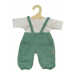 Ensemble pour poupée 28/35 cm – T-shirt blanc et pantalon salopette vert - Vu de face sur fond blanc