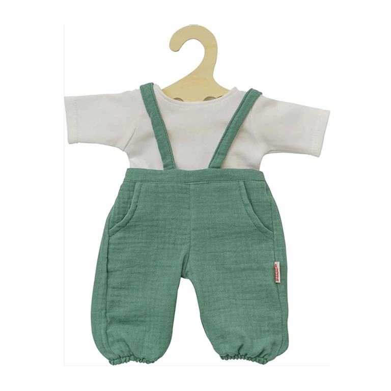 Ensemble pour poupée 28/35 cm – T-shirt blanc et pantalon salopette vert - Vu de face sur fond blanc