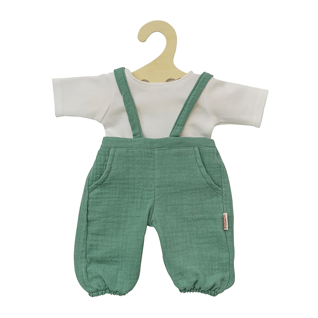 Ensemble pour poupée 28/35 cm – T-shirt blanc et pantalon salopette vert - Vu de face sur fond blanc