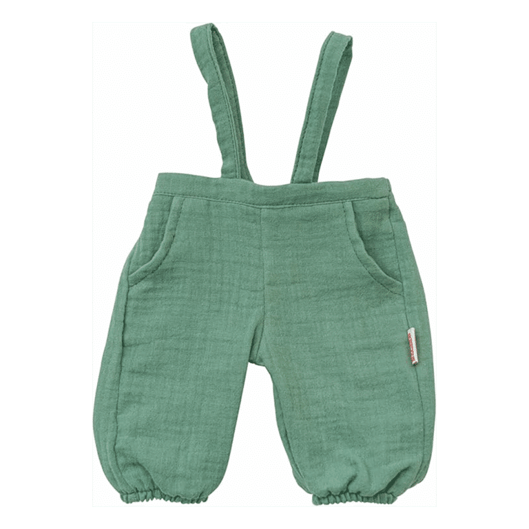 Ensemble pour poupée 28/35 cm – T-shirt blanc et pantalon salopette vert - Vu de face sur fond blanc