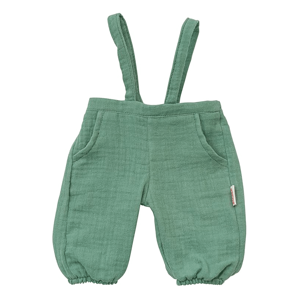 Ensemble pour poupée 28/35 cm – T-shirt blanc et pantalon salopette vert - Vu de face sur fond blanc