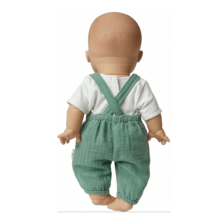 Ensemble pour poupée 28/35 cm – T-shirt blanc et pantalon salopette vert - Vu de dos sur fond blanc