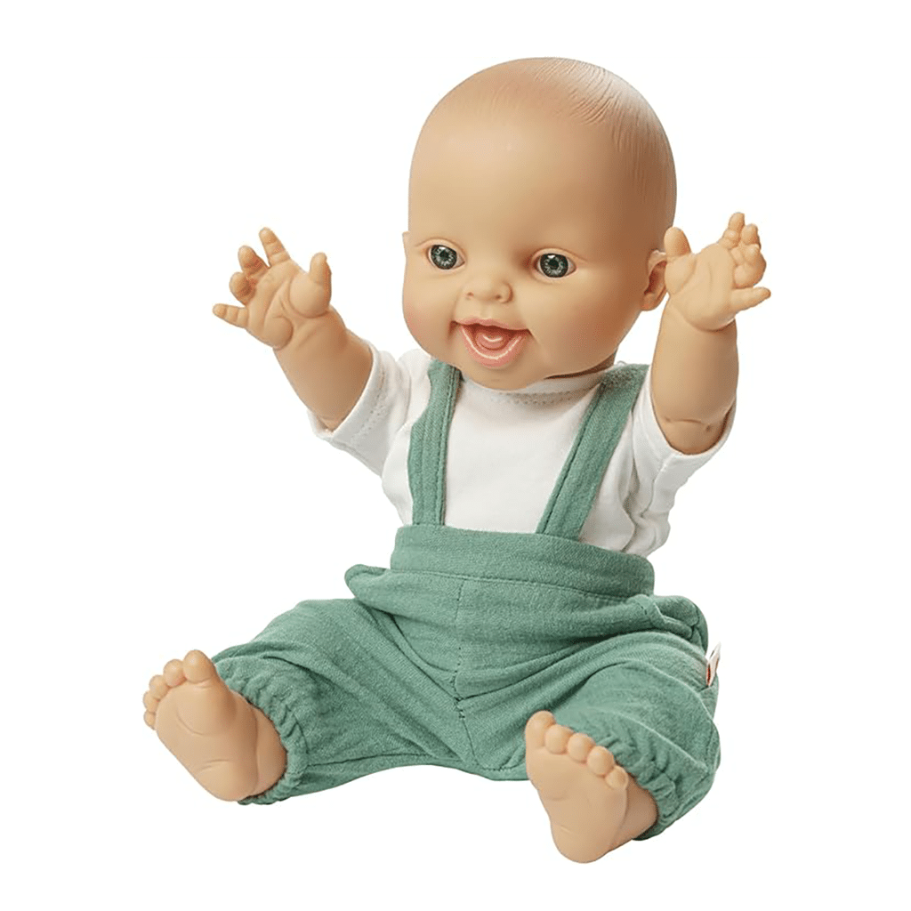 Ensemble pour poupée 28/35 cm – T-shirt blanc et pantalon salopette vert - Vu de face sur fond blanc