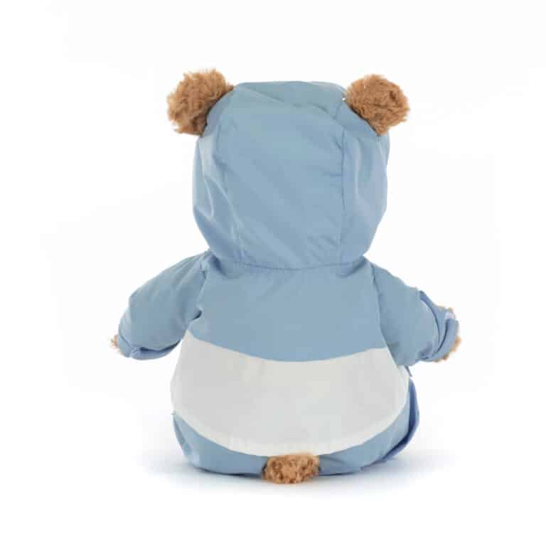 Doudou Ours Bartholomew en combinaison de neige bleue – Jellycat - Vu de dos sur fond blanc