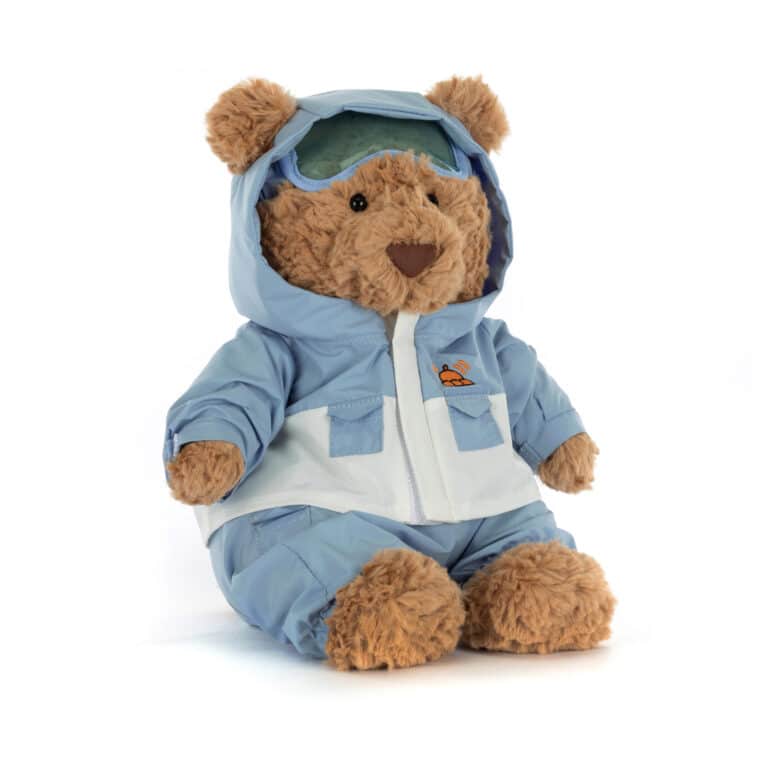 Doudou Ours Bartholomew en combinaison de neige bleue – Jellycat - Vu de face sur fond blanc