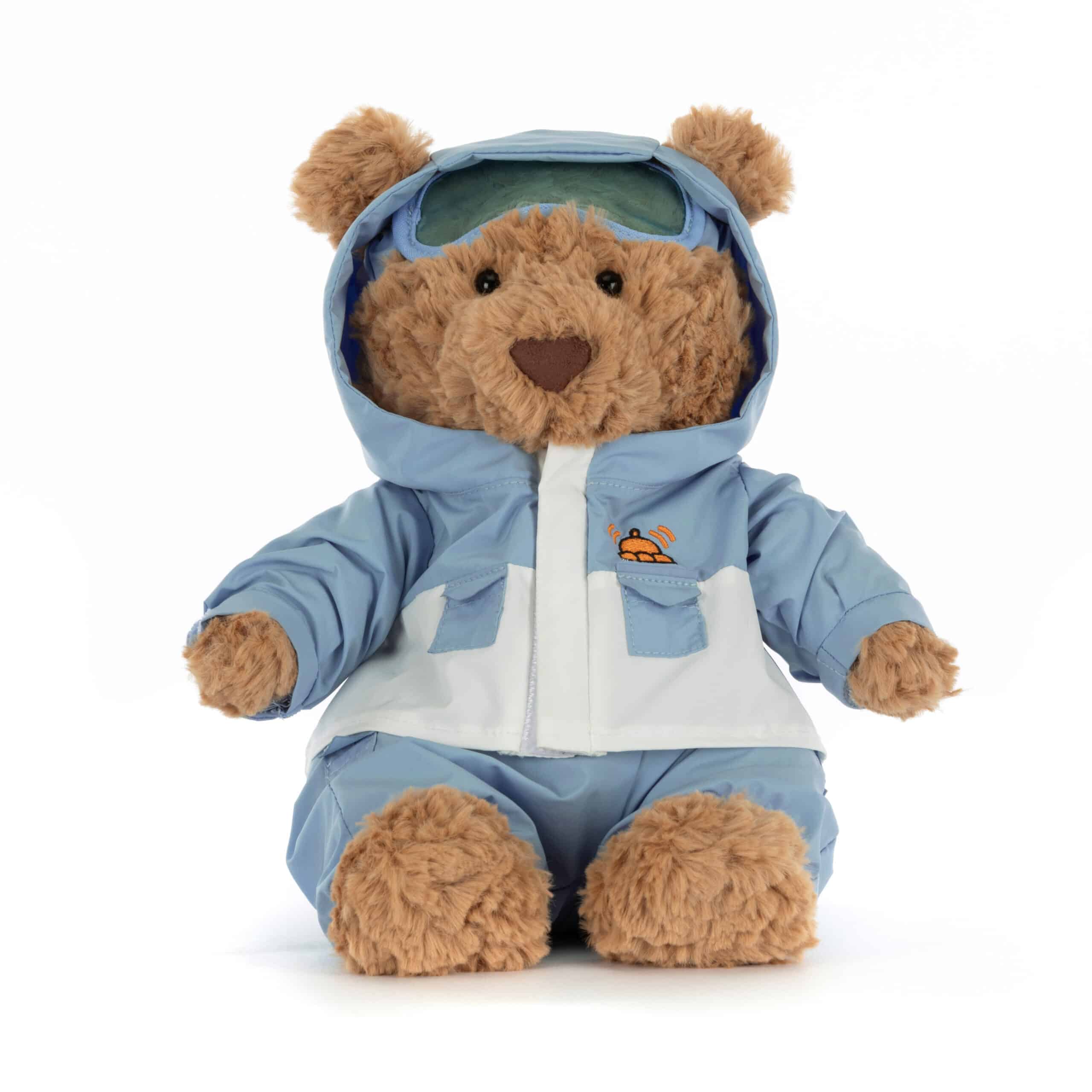 Doudou Ours Bartholomew en combinaison de neige bleue – Jellycat - Vu de face sur fond blanc