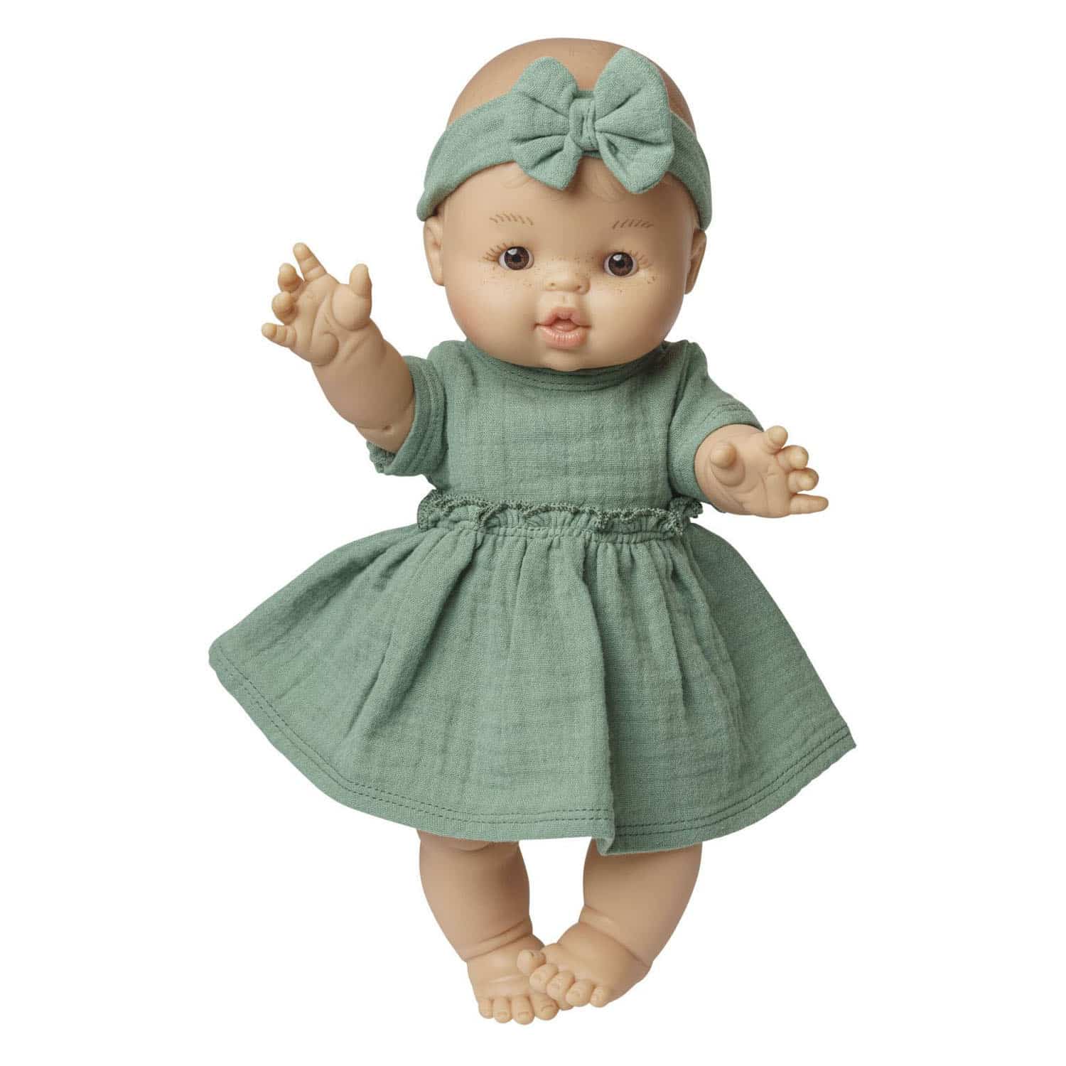 Robe et bandeau pour poupée de 28/35 cm – Vert sauge - Vue de face sur fond blanc
