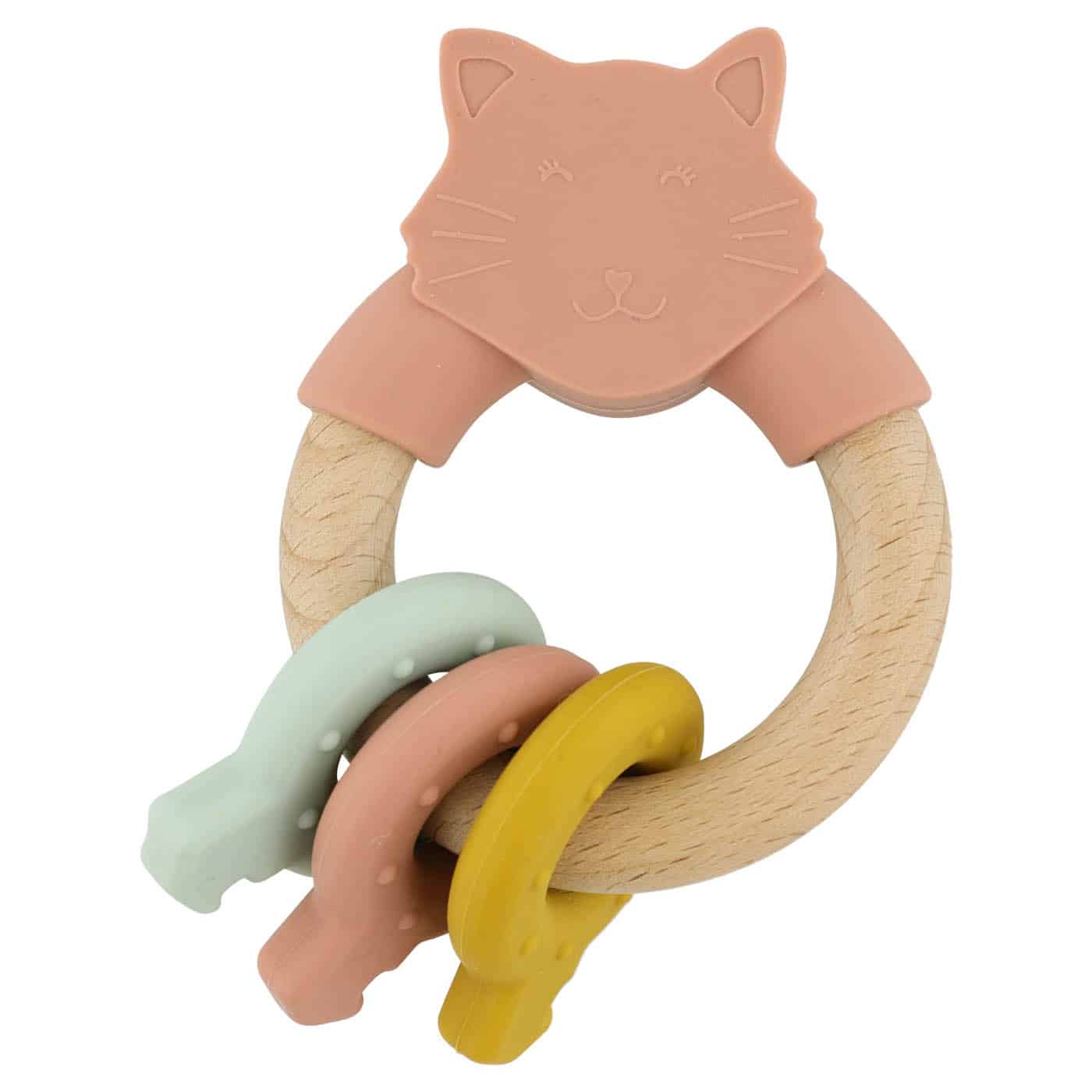 Anneau d’activités en silicone et bois – Mlle Chat – Trixie Baby - Vu de face sur fond blanc