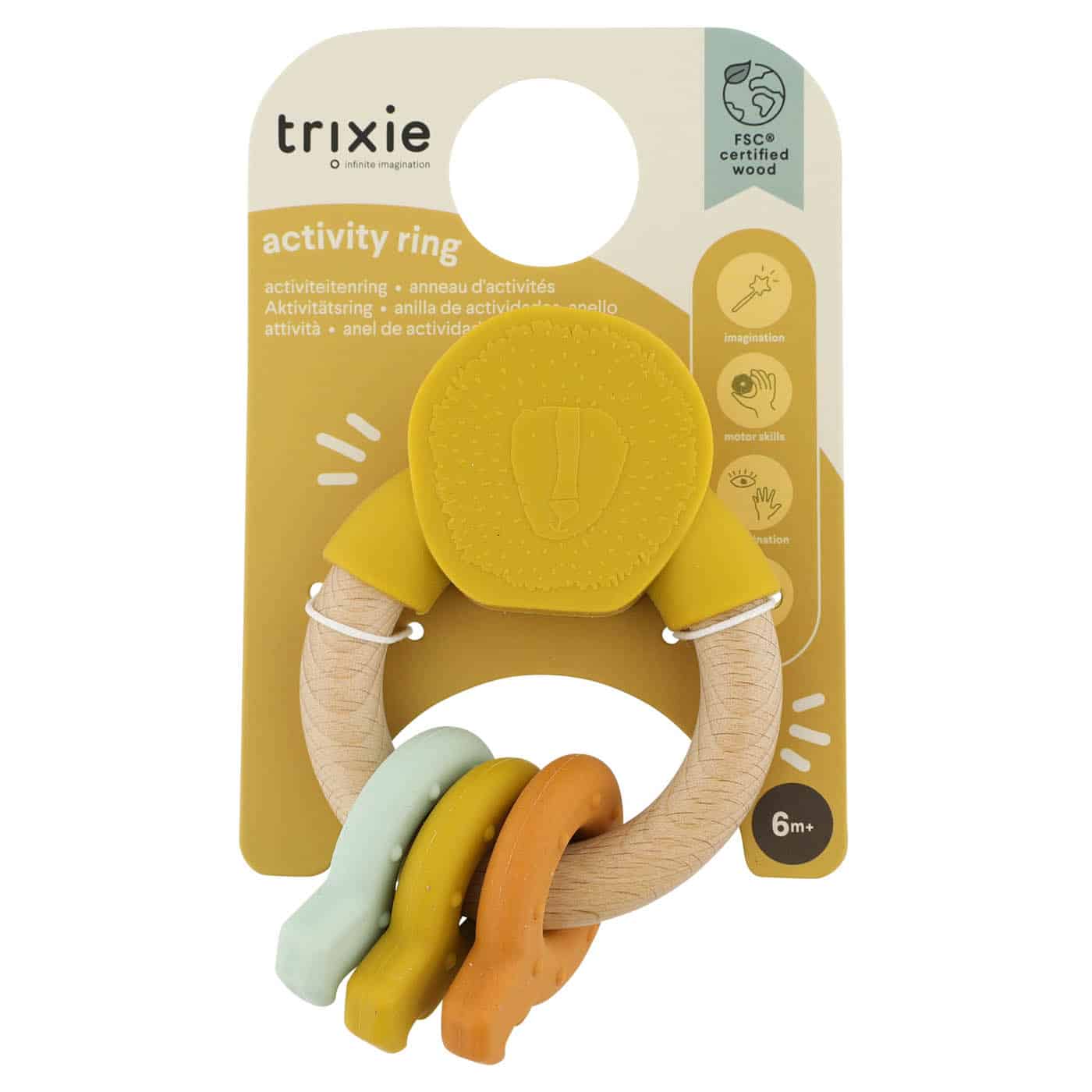 Anneau d’activités en silicone et bois – Mr Lion – Trixie Baby - Vu de face sur fond blanc