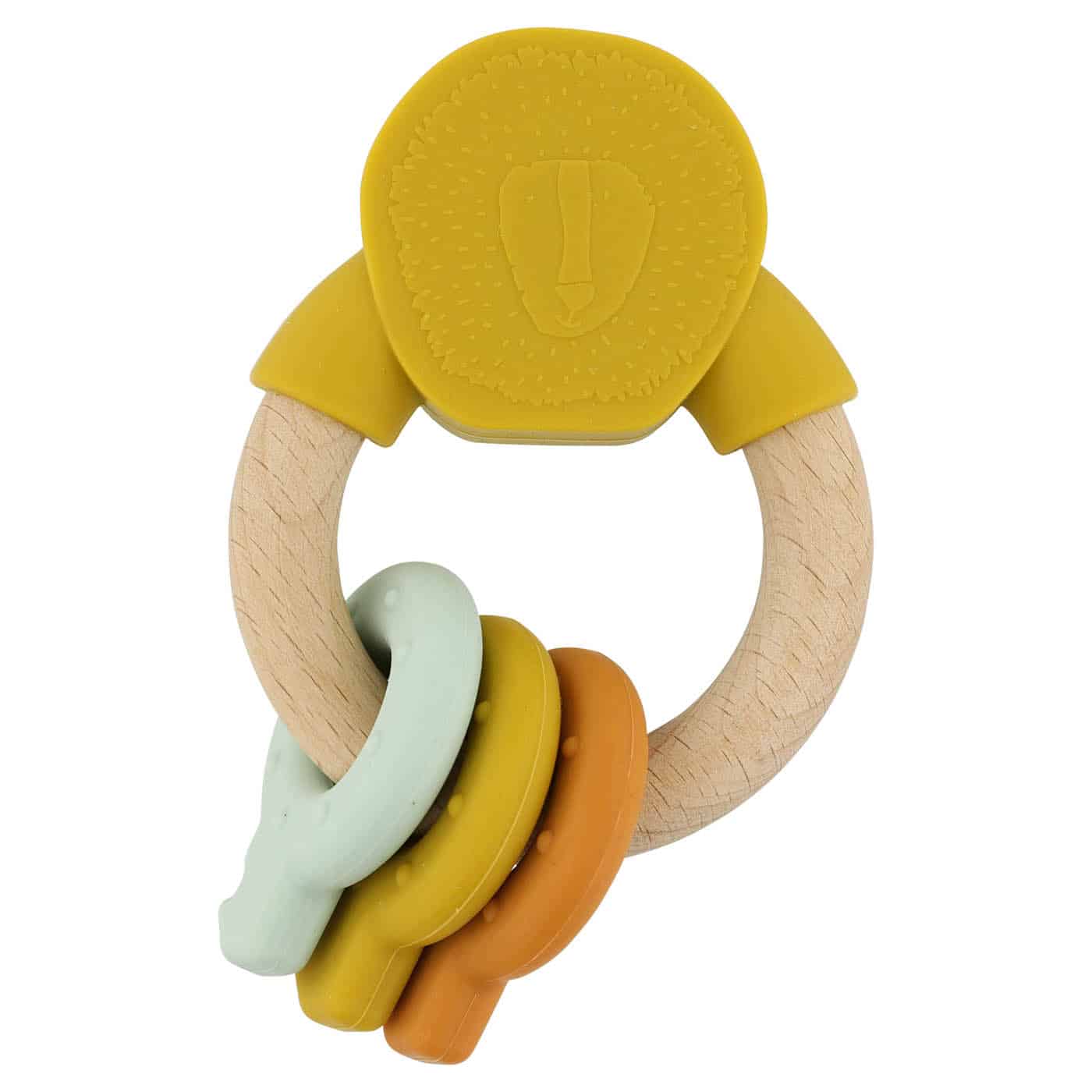 Anneau d’activités en silicone et bois – Mr Lion – Trixie Baby - Vu de face sur fond blanc