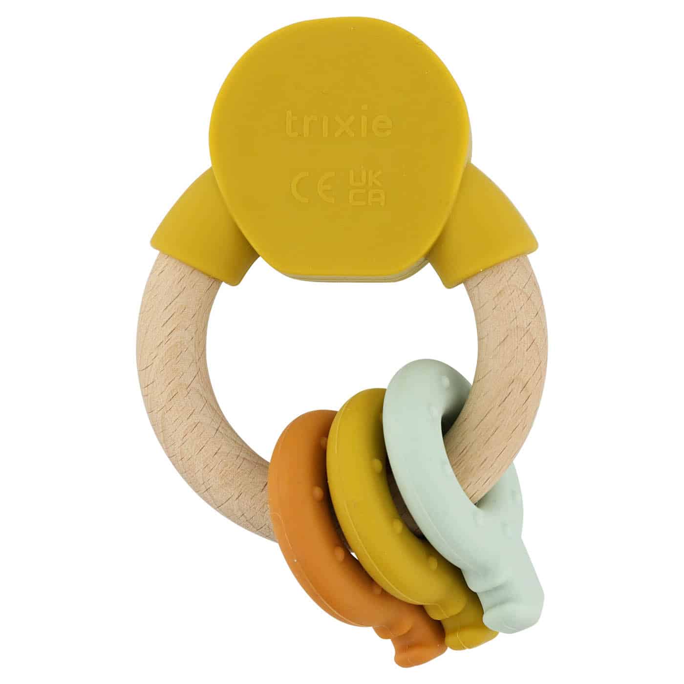 Anneau d’activités en silicone et bois – Mr Lion – Trixie Baby - Vu de dos sur fond blanc