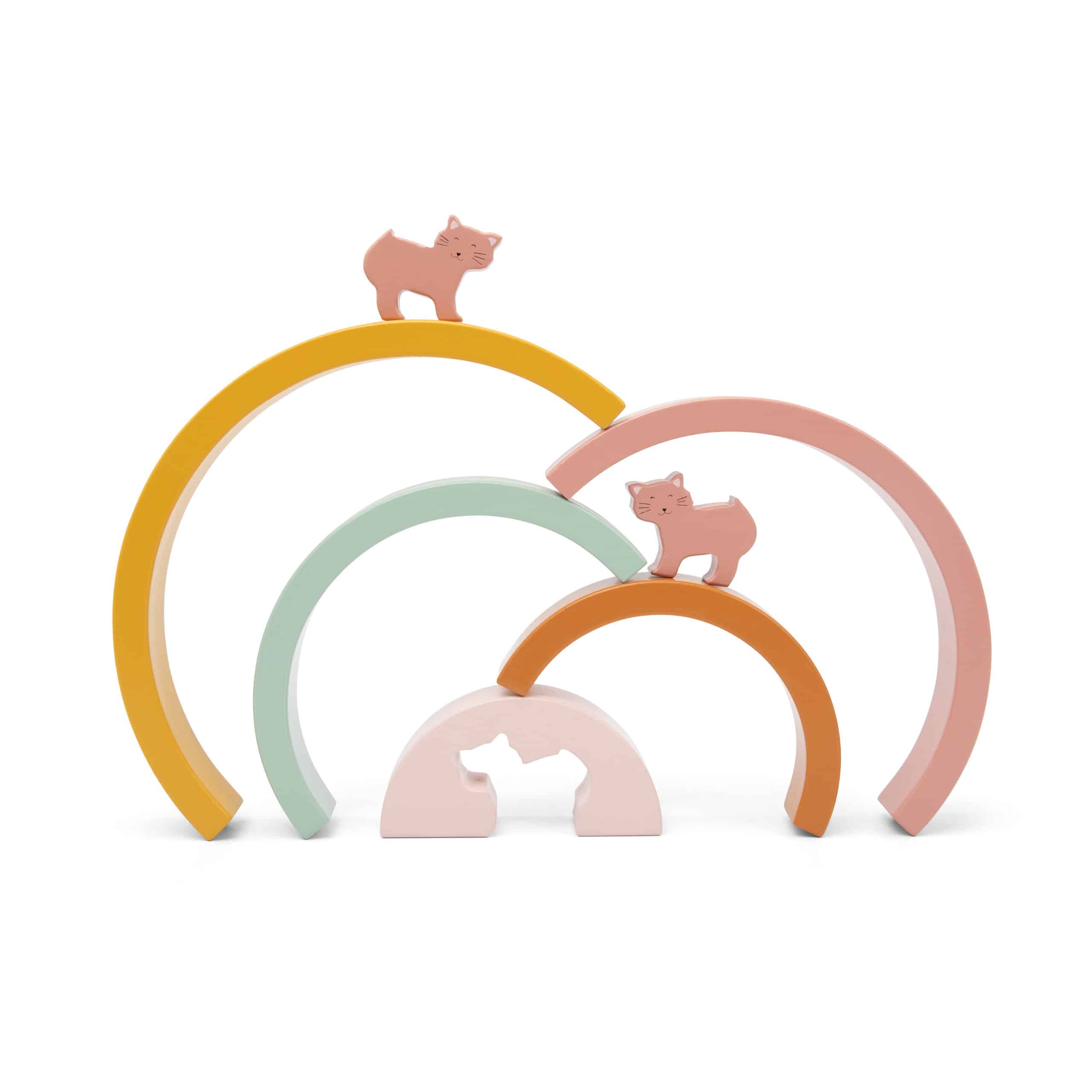 Arc-en-ciel à empiler Mlle Chat - Trixie Baby - Vue de face séparé sur fond blanc Jeu montessori Noël, Noël 2025, idées cadeaux manuel enfants, cadeau de Noël, cadeaux enfants, jeu à empiler, jouet lacets, jouets montessori, jouet montessori Vannes, magasin montessori Vannes, magasin de jouets Vannes, boutique de jouets Vannes, boutique pour bébé Vannes