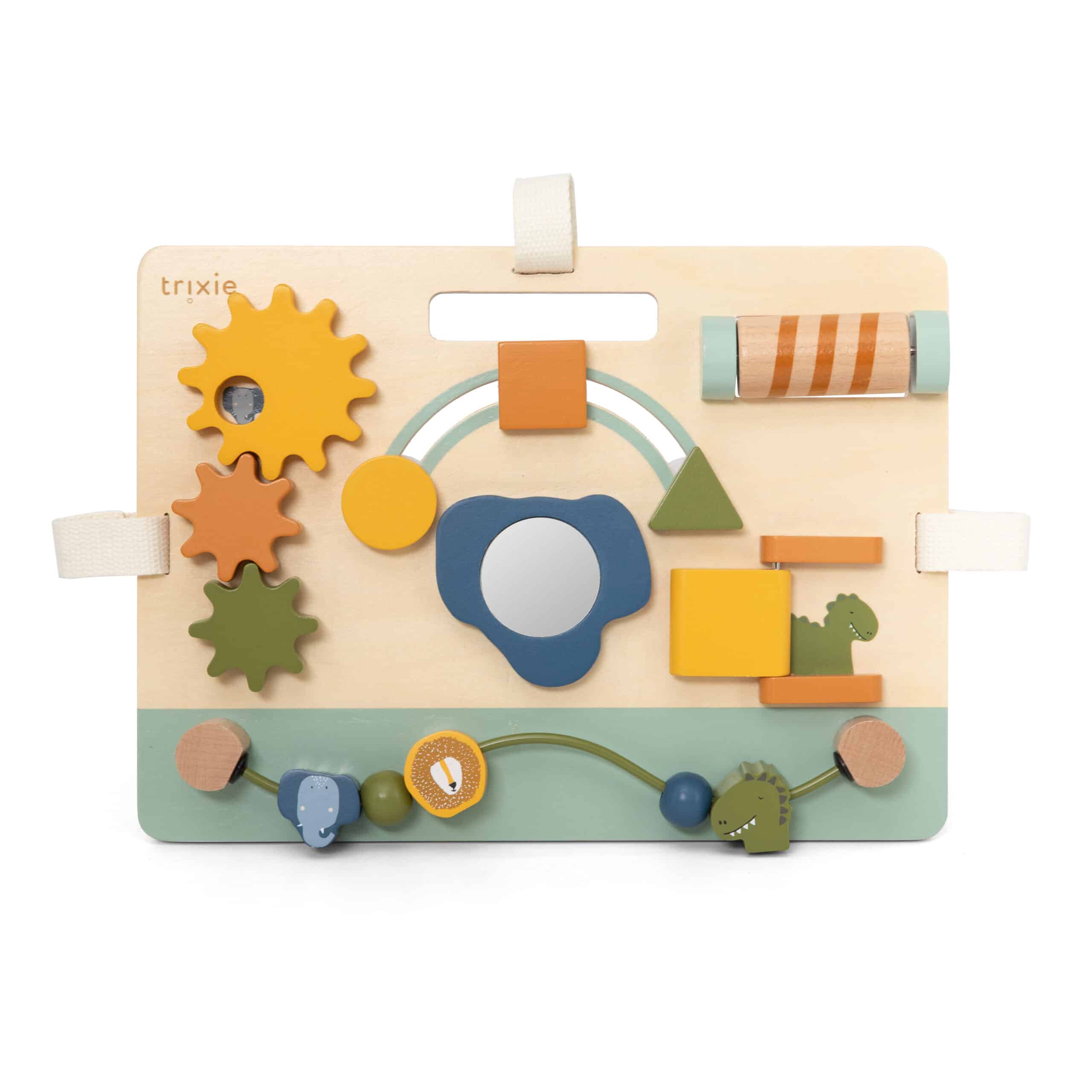 Panneau d’activités en bois Mlle Éléphant – Trixie Baby - Vu de face sur fond blanc