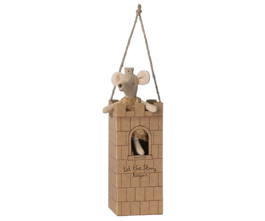 Souris Princesse dans sa tour - Grande soeur - Maileg, vue de face dans sa boite sur fond blanc