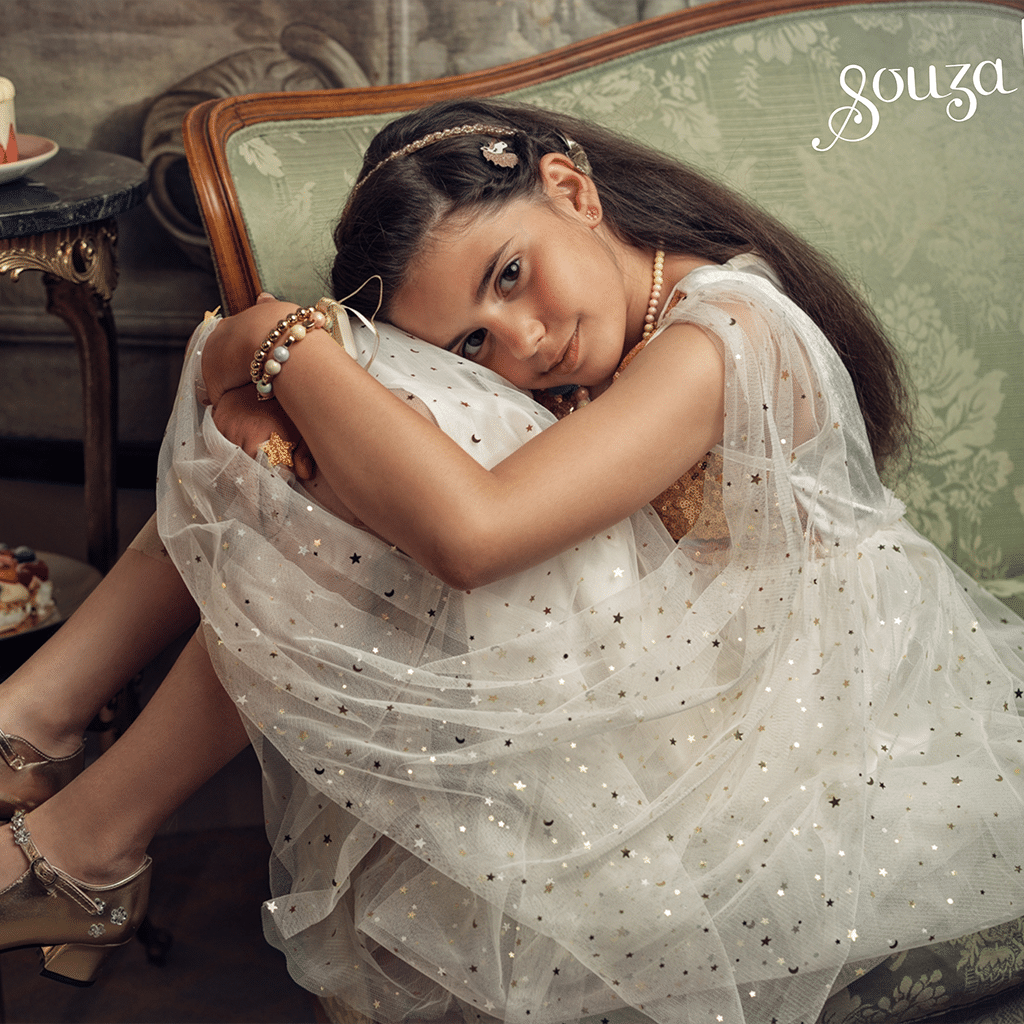Déguisement robe de princesse Dorianne – blanche & dorée - Souza - Ambiance