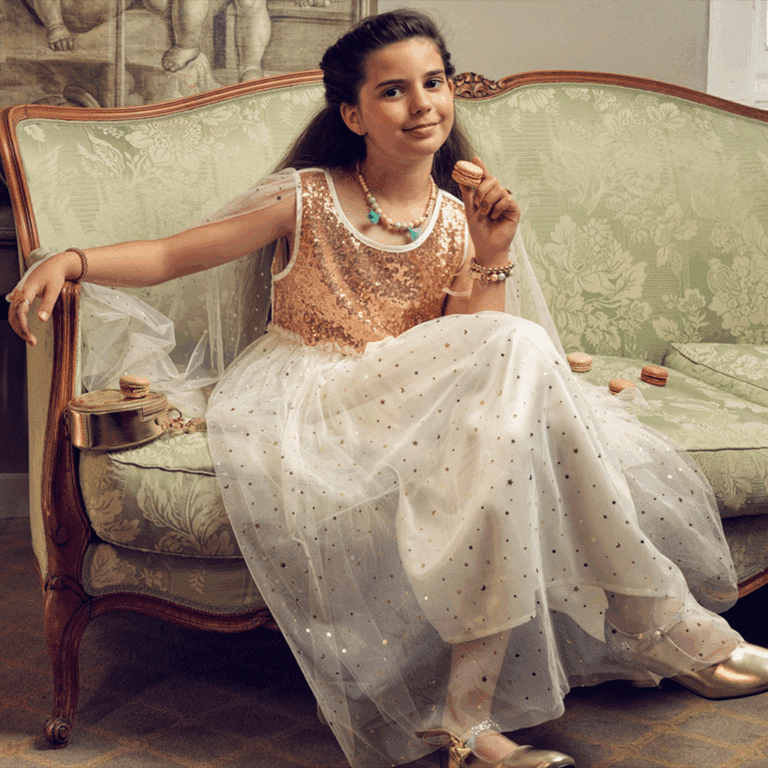 Déguisement robe de princesse Dorianne – blanche & dorée - Souza - Ambiance