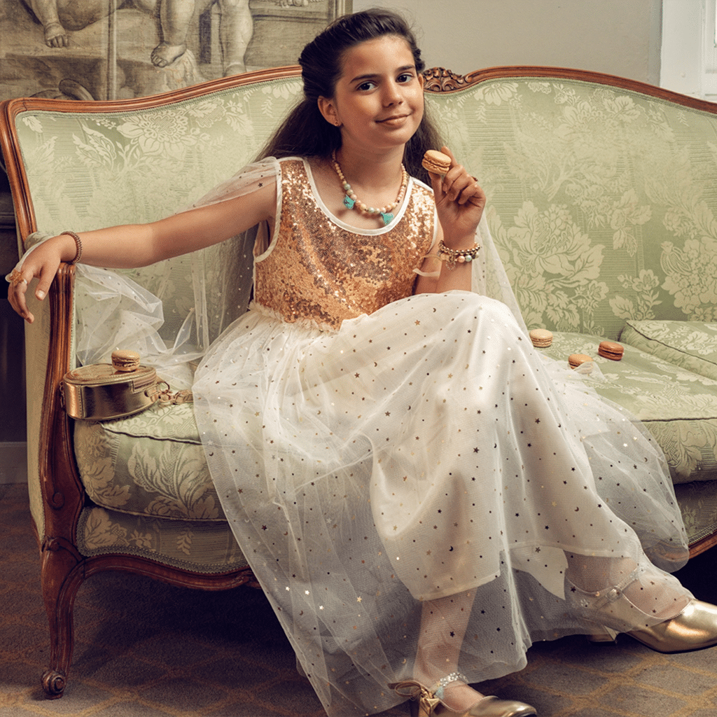 Déguisement robe de princesse Dorianne – blanche & dorée - Souza - Ambiance