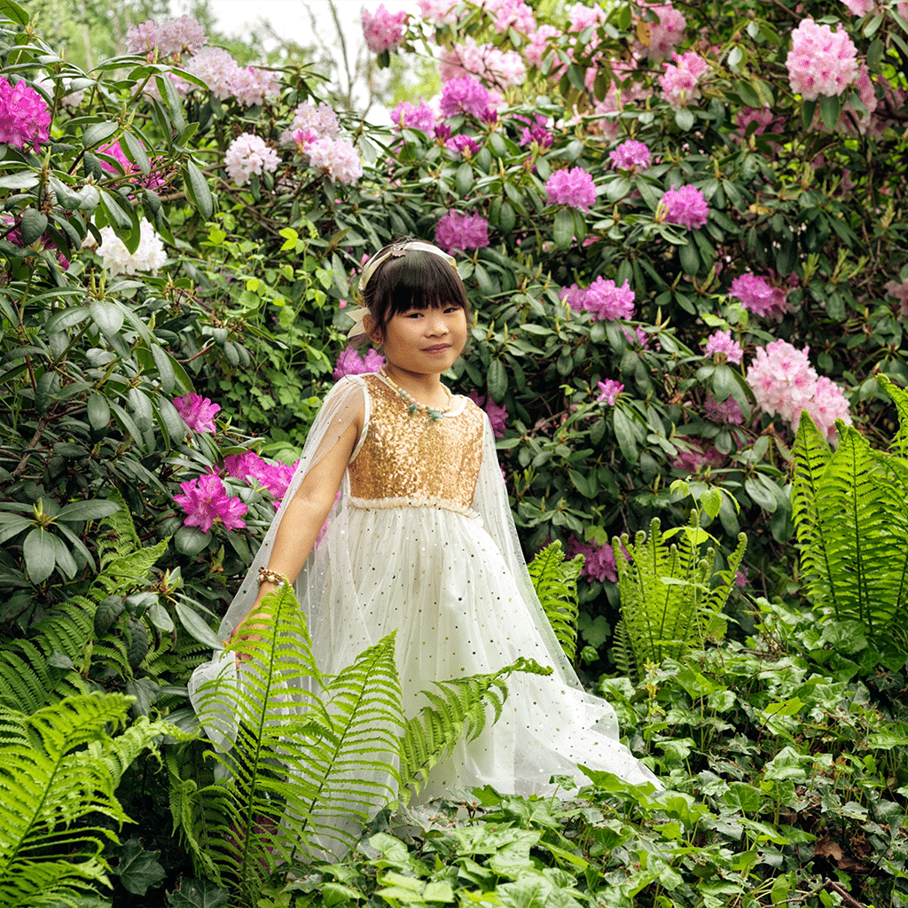 Déguisement robe de princesse Dorianne – blanche & dorée - Souza - Ambiance