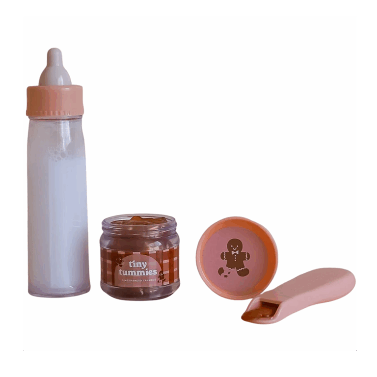 Coffret biberon et petit pot pour poupée – Édition Noël - Tiny Harlow - Vu de face sur fond blanc