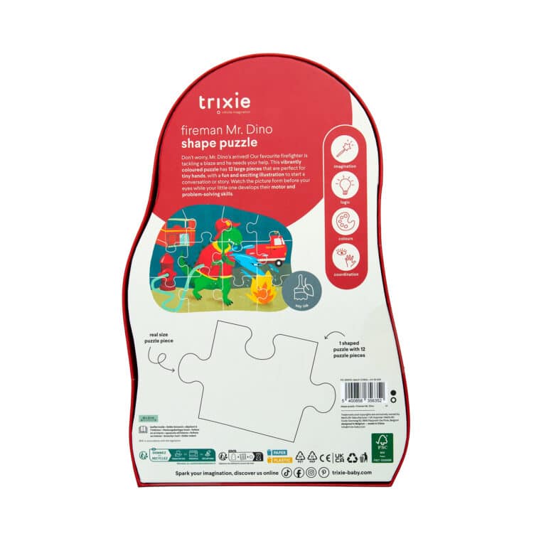 Puzzle à Forme 12 Pièces – Pompier Mr Dino – Trixie Baby - Vu de dos sur fond blanc