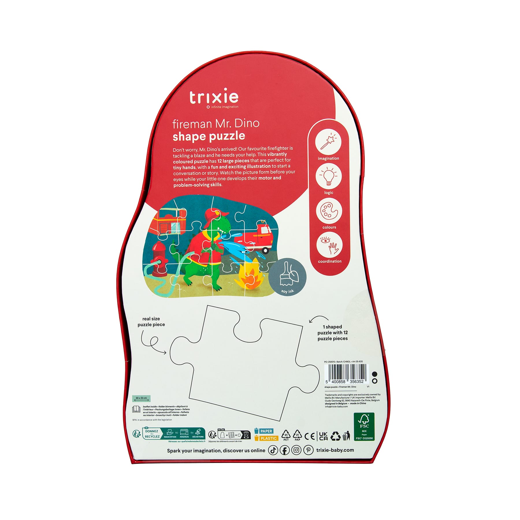 Puzzle à Forme 12 Pièces – Pompier Mr Dino – Trixie Baby - Vu de dos sur fond blanc