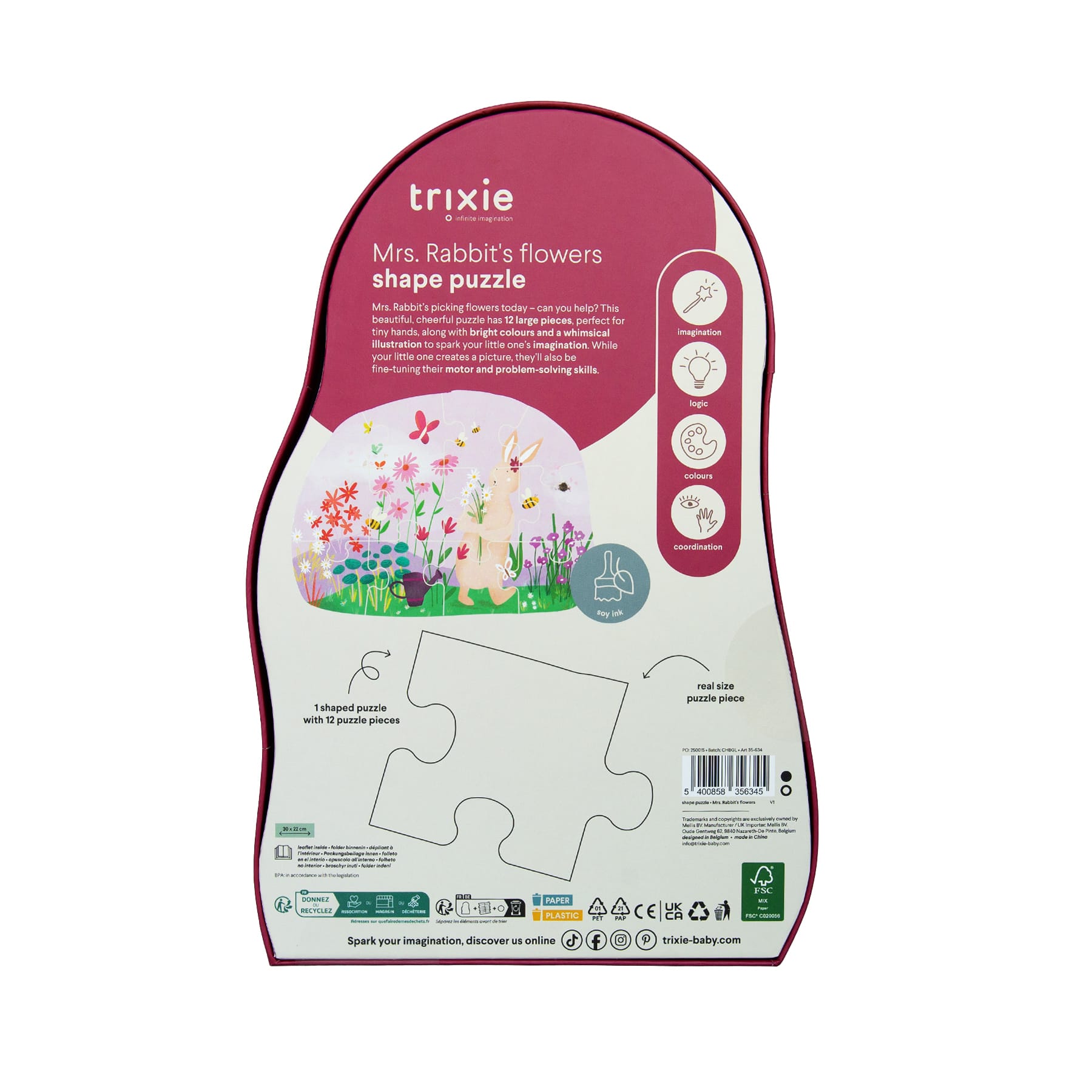 Puzzle à forme 12 pièces « Les fleurs de Mme Lapin » – Trixie baby - Vu de dos sur fond blanc