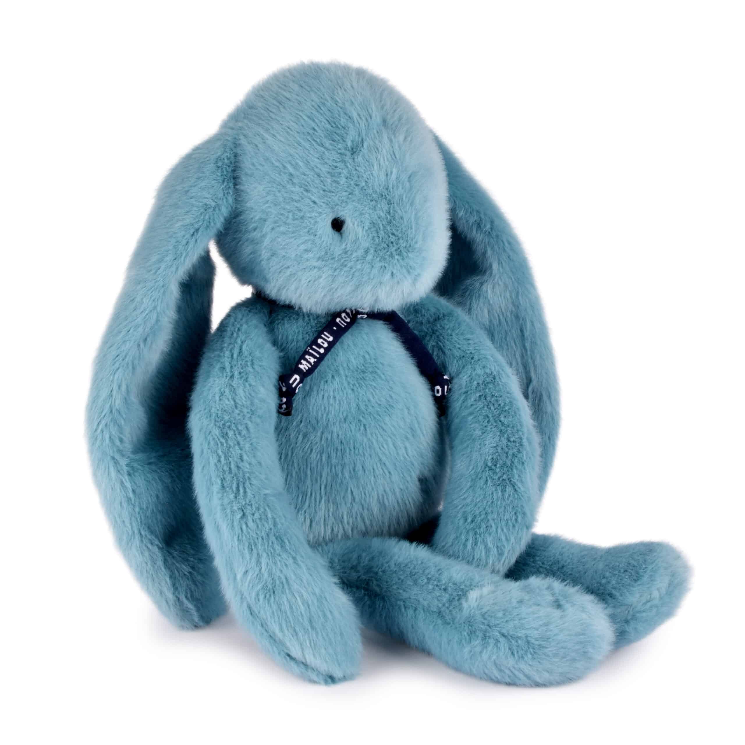 Peluche lapin Méloé - Bleu lagon - Maïlou, vue de côté assis sur fond blanc